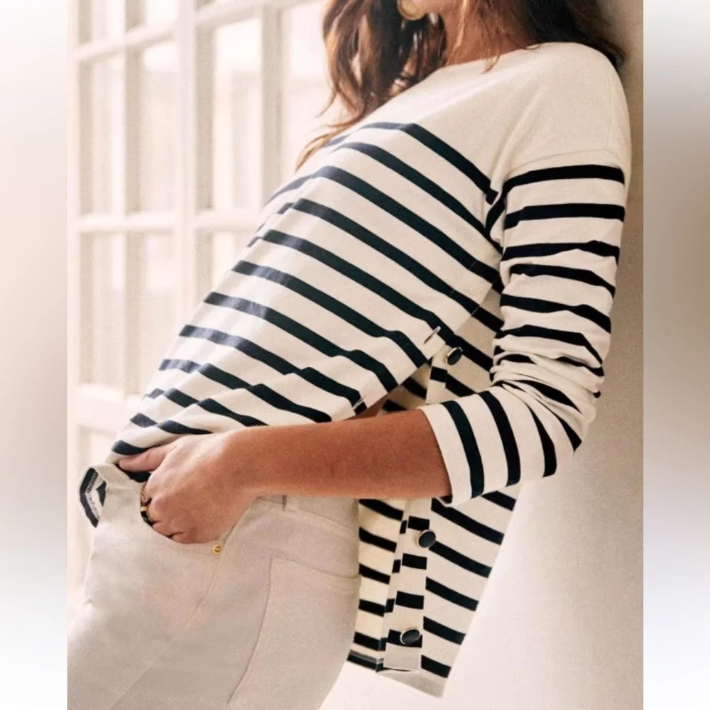 Sezane Navy and Cream Striped Long-Sleeve Button-Side Top - Picture 1 of 16